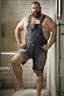 Placeholder: full figure photo, burly big chubby russian plumber, dirty, ripped overalls, 38 years old, crossed arms, shaved, short beard, manly chest, virile, arms, ugly, big thighs, under the flushing shower, sunlight , photorealistic, 35mm lens, ultra detailed