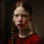 Placeholder: Actress Mia Goth, there are freckles on her cheeks, she has no eyebrows, she has pouty lips, red cheeks and nose, braids, red dress, in the style of egon Schiele painting