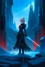 Placeholder: Portrait of Elsa from frozen imagined as a Sith Lord standing in full figure on a block of ice with her ice-castle in the background. She’s holding an ignited lightsaber in one hand.