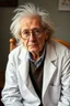 Placeholder: a photograph of a elderly man, sitting on a wooden chair, round glasses, white lab coat, wacky semi long hair