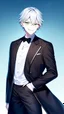 Placeholder: plauge doctor in balck leather coat and suit with silver hair, pale skin and bright green eyes smiling with sharp teeth, nice young face, male, viscious smile