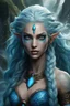 Placeholder: water Eladrin druid scary female. Hair is long and bright that looks like big waves. Part of hair is braided and animals comes out from it. Big bright blue eyes.Skin color is dark. Has a many big deep scar over all face. Part of face is scales and one hand is made of scales.