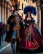 Placeholder: Pareja hombre y mujer con disfraz en el carnaval de Venezia caminando por Venezia mascara vestido hasta el suelo pantalones gráfica 2d detallada 4k