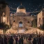 Placeholder: Hyper Realistic lots of people & children celebrating in the streets of Palestine with Al-Aqsa mosque from far at night with garland lights & decorations