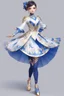 Placeholder: ballerina outfit, blue, blue and white tones, with gold patterns in the style of genshin impact