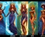 Placeholder: Four doll divine representing each one the four elements: fire, earth, air, and water. Mark Brooks and Dan Mumford, comic book art, perfect, smooth elemental galactic space core royalty queens crown.