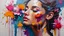 Placeholder: Painting with a dense palette, oil on canvas, hard strokes, paint drips, paint splashes. Woman, flower