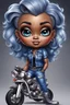 Placeholder: create an airbrush illustration of a chibi cartoon voluptuous black female wearing a blue jean outfit with biker boots. Prominent make up with hazel eyes. Extremely highly detail of a very low platinum blonde pixie haircut. Background of a bike show.