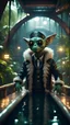 Placeholder: photo model furry hairy pimp rocker priest alien on boat bridge over water slide in dark lit reflective wet jungle metallic hall dome hotel tunnel, in the style of fallout 4 game,bokeh like f/0.8, tilt-shift lens 8k, high detail, smooth render, down-light, unreal engine, prize winning