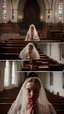 Placeholder: girl alone wearing lace veil with blood on it praying in church.cinematic.