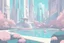 Placeholder: in a futuristic city, very modern with bright pastel colors, fearful, magnificent buildings with fountains and ponds.