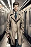 Placeholder: A handsome European man wearing Trench Coat walking onto Subway comic book style