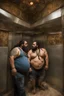 Placeholder: half figure shot photography of two ugly gypsies close, face to face, 30 years old with dreadlocks, overweight muscular chubby, tattoo, beard, bullneck, shirtless, manly chest, hairy torso , embraced, broken short pants,, angry eyes, in an elevator, top light, ambient occlusion, photorealistic, side view from the ground