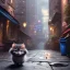 Placeholder: pixar style, volumetric New York back alley with steel garbage can environment and background, realistic painting of a cute Munchkin black kitten on the ground, looking excited, detailed digital painting, extreme dense and fine fur, anime, ornate, colour-washed colors, elegant, small minutiae, particulars, centered, smooth, sharp focus, renderman gofur render, 8k, uhd, detailed eyes, realistic shaded volumetric lighting