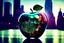 Placeholder: "Hyper realistic glowing glass apple with beautiful New York City inside, smoking with cosmic energy, insane depth photorealistic reflecting sunlight bokeh cel-shaded, depth, particles by artist "Alberto Seveso", breathtaking intricate details, realistic and lifelike cgi diorama, dramatic natural lighting, reflective catchlights