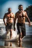 Placeholder: half figure shot photography of two angry strong muscular beefy hairy burly 40 years old ugly arab fishermen, short beard, shaved hair, shirtless, manly chest, bulging swimwear, angry eyes, walking on the beach in the sun, side light, sweat and wet, ground view angle