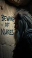 Placeholder: A hand writing On cave wall written “ BEWARE OF NUKES ” an old man with bear and king hair died by the cave wall , a dim lighting great quality picture with primitive style