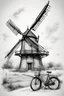 Placeholder: A modern realism drawing black and gray with very defined details of a dutch windmill and a bike vector image with white background for a tattoo design