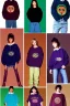 Placeholder: year 1996 denim fashion. Loose fit, "combat pants" with low waist, baggy, Combat pants, t-shirt and street style hoodie. Colors: denim blue, blue, purple, khaki, light green, lilac, plum, orange, terracotta, red, pink, dark blue, beige. Women models. Patterns: owl, Sturnus vulgaris pattern prints.Jennifer Lopez, Gwyneth Paltrow, . Big tennis shoes on. Cargo pants.