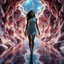 Placeholder: A full-body shot of a beautiful lady walking and looking at the camera 3D fractal interstellar world.3d recursive structure environment