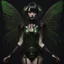 Placeholder: Full body, gothic woman with a bob with a fringe hairstyle, steampunk metal moth wings, green markings, black background