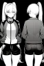 Placeholder: blonde girl with ponytails dressed in a jacket and shorts walks briskly, front view, greyscale
