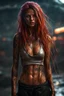 Placeholder: science fiction scene like cyberpunk on mars 45 years old woman long colorfull hair ultrarealistic wet skin, heavy rain, tattos photorealistic, wind is blowing, tanned skinny, show collarbones,