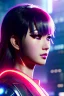 Placeholder: Futuristic anime cyborg, portrait from waist up, intricate eyeliner, vibrant eyeshadow, clear completion, soft lighting, 4k resolution, intricate details, insanely detailed, colorful cityscape background, masterpiece, expert, cinematic smooth, retroanime style, realistic details, no helmet, pastel hair color
