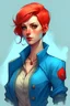 Placeholder: A tall woman with ultra-marinated hair. Short hair, blue eyes. The skin is pale. Dressed in Fontaine's clothes, mostly blue and red shades