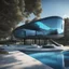 Placeholder: Casa campestre de cristal, estilo Zaha Hadid, ventanas de vidrio azul, Arte digital, calidad ultra, 8k, 3D