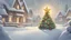 Placeholder: fantasy cartoon style illustration: a golden star on top of the decorated Christmas tree, in the snow