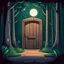 Placeholder: outsite room with wooden door in the middle of a forest at night cartoon