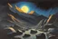 Placeholder: Rocks, night, mountains, 2000's sci-fi movies influence, ludwig dettman impressionism painting