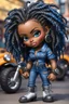 Placeholder: create an airbrush illustration of a chibi cartoon voluptuous black female wearing a blue jean outfit with biker boots. Prominent make up with hazel eyes. Extremely highly detail of a twisted dreadlocks. Background of a bike show.