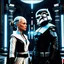 Placeholder: a bold and heroic bald male Corellian pilot in black and metallic grey First Order special forces gear meets a female Jedi Master in ancient, mystical temple, hyperdetailed, dynamic lighting, hyperdetailed background, 8k resolution, volumetric lighting, light skin, fully symmetric details