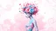 Placeholder: A digital artwork of a female figure adorned with intricate patterns and designs. The figure's body is covered in swirling lines, circles, and other abstract patterns in hues of pink, blue, and white. Her head is uniquely decorated with a bouquet of spiraling, bubble-like structures in shades of pink and blue. The background is a gradient of pink and blue, with abstract patterns that complement the figure's design. The overall ambiance of the image is dreamy and surreal.