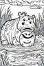 Placeholder: DRAW TO COLORING OF A HIPPOPOTAMUS ON A LAKE, BLACK AND WHITE CARTOON STYLE, LOW DETAILS, THICK LINES, NO SHADING LINES