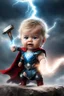 Placeholder: thor, as a little baby, wearing thor costume, hammer, lightening, epic compsition, thunderwaves from body