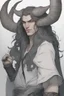 Placeholder: A dnd character portrait, a tiefling man with long hair and two long black horns that curve backwards, white eyes and pale skin. Handsome. Young.