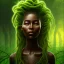 Placeholder: Painting .the face of A young black woman. A wood nymph emerging from the forest. Her hair looks like vines. Dreadlocs. Her skin is the colour of dark soil. Her skin looks like tree bark. Her clothing is made of vines, grass and leaves.