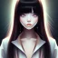 Placeholder: Japanese girl with big brown eyes and long black hair with bangs