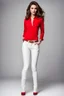 Placeholder: the genre is modern, a beautiful woman model and actress, hair, bright eyes perfect facial features,wearing cream jeans pants and pretty red shirt, a very beautiful favorite, a full body, he stands tall, no background