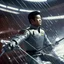 Placeholder: Lieutenant Sulu practices fencing in the captain chair of Ron Cobb's USCSS Nostromo, view from below[vintage style noisy scratches glitches, Shot the texture and then rewound the film and double exposed from a 1970 B series movie]