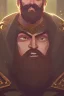 Placeholder: Medieval Fantasy Bearded strong man wearing a thick fur-lined merchant's coat, wearing gold rings, divine, halo, happy smiling, portrait, high definition, realistic, long hair, dynamic lighting, volumetric lighting, mustache, blond