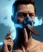 Placeholder: Realistic image, a guy making the fuck you gesture with his hand, blue smoke coming out of his eyes, nose and mouth. soft color, highly detailed, unreal engine 5, ray tracing, RTX, lumen lighting, ultra detail, volumetric lighting, 3d, finely drawn, high definition, high resolution.