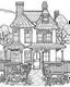 Placeholder: outline art for halloween coloring pages for kids with haunted house , white background, Sketch style, full body, only use outline, clean line art, white background, no shadows and clear and well outlined, coloring page for kids,