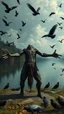 Placeholder: Bosch painting style nightmare , 3D , standing with open arms creature by the lake from distant view surrounded by black birds, high Quality picture , 8k