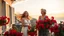 Placeholder: Young blonde woman and mature brunette woman on Mediterranean balcony, flowing summer dresses, hair waving in the breeze, flower pots overflowing with red geraniums and bougainvillea, antique wrought iron railing, dreamy expressions looking at the horizon, golden sunset light, serene and nostalgic atmosphere, artistic photography style