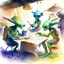 Placeholder: create a watercolour painting of some aliens bazar and aliens doing daily task work,