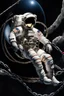 Placeholder: close side view of An astronaut sitting on a large steel ball.floating in the air, wide legs, holding on to the chain